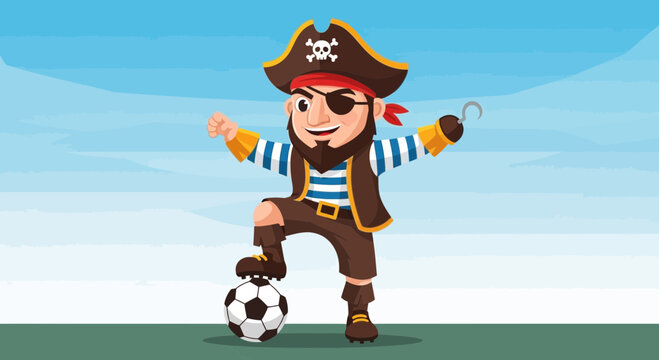 Cartoon pirate with soccer ball, playful character, fun sport theme, blue sky background