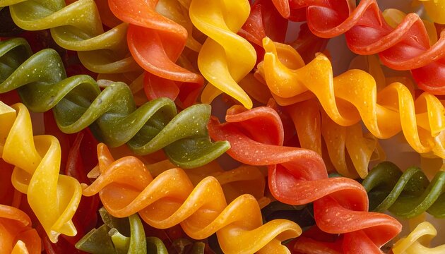 A vibrant medley of colorful spiral pasta on a white background
