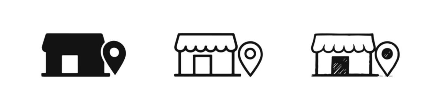 Store location or shop locator icon set, indicating physical retail presence and navigation.