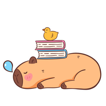 Cute Capybara Sleeping with Duck on Books Illustration