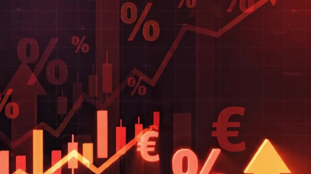Dynamic financial animation showing rapid inflation surge with aggressive red arrows, volatile data lines, and percentage spikes. Perfect for crisis, market instability, and economic news visuals.