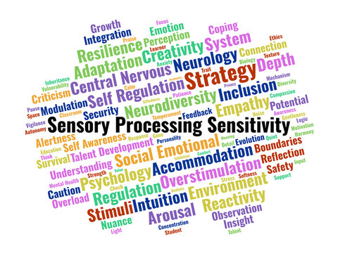 Sensory Processing Sensitivity Word Cloud. Key Concepts Regarding Depth Of Processing, Emotional Reactivity, And Sensory Overload Within Educational And Psychological Frameworks.