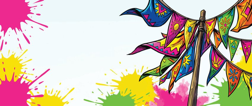 Holi Celebration Flags with Paint Splatters and Broad Empty Background for Copy