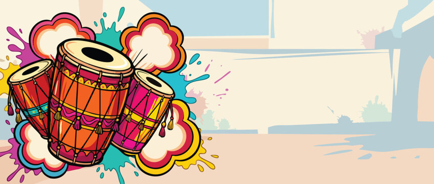 Holi Drums with Colorful Splashes and Comic Bursts