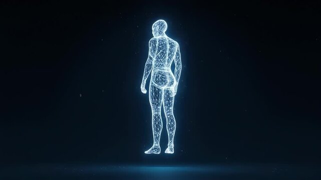 Futuristic Digital Figure. Virtual Human On Shimmering Platform. Holographic Blue Avatar In Hightech Setting. Scienceinspired Digital Identity Displayed On Glowing Data Particles