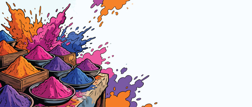 Holi Powder Burst Trays with Vibrant Colorful Splash on White Background