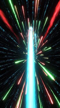High-speed data transfer through a digital tunnel. A vibrant blue light beam spearheads red and green binary streaks, symbolizing rapid communication and advanced tech