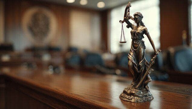 Statue of Justice on a polished wooden table in a courtroom