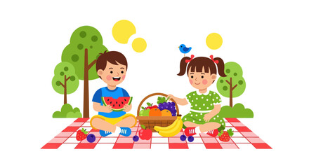 Fototapeta premium Happy Kids Enjoying Picnic with Fruits in Nature, Summer Outdoor Activity