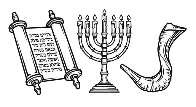 Jewish Symbols: Torah Scroll, Menorah, and Shofar - Line Art Illustration