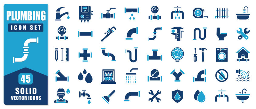 Plumbing Solid Icon Set Featuring Bold Vector Symbols Of Pipes, Water Systems, Tools, And Maintenance. Clean Modern Style Ideal For Web, Apps, Construction Projects, And Infographics.
