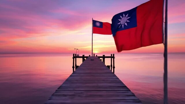 Taiwan Flag Waving on Wooden Pier at Beautiful Sunset