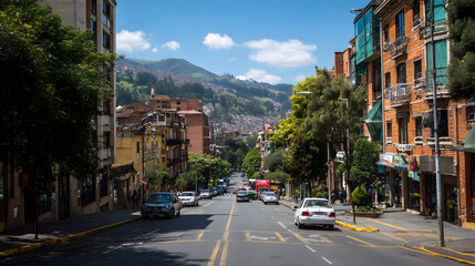 Obraz premium Vibrant Contemporary Street Scene in a South American City Under Clear Blue Skies