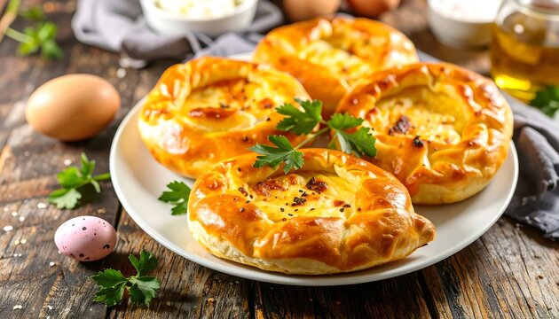 Baked pastries filled with cheesy creamy center, displayed on a white plate alongside eggs and condiments on a rustic wood surface
