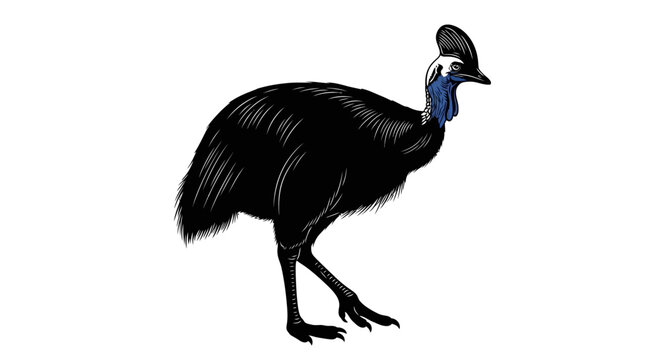 Striking illustration of a solitary southern cassowary bird with black iridescent plumage vivid blue neck and a prominent casque on its head isolated against a clean white