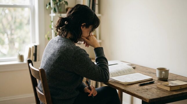 Focused young woman thoughtfully writing in a personal notebook at a rustic wooden desk by a window, engaged in creative work or study at home
