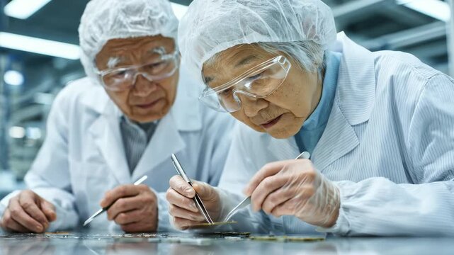 Senior Asian scientists meticulously inspect circuit boards in a high-tech lab. Experienced engineers ensure quality control. Older workers contribute valuable skills.