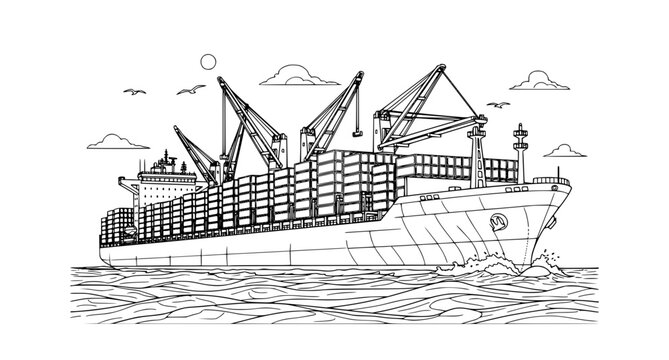 Cargo ship coloring page vector with detailed freighter line art sailing on ocean isolated on white background