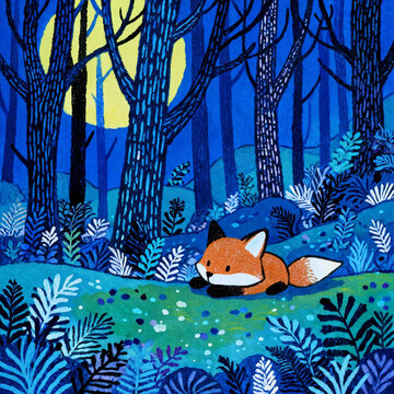 Red Fox in Moonlit Night Forest Illustration