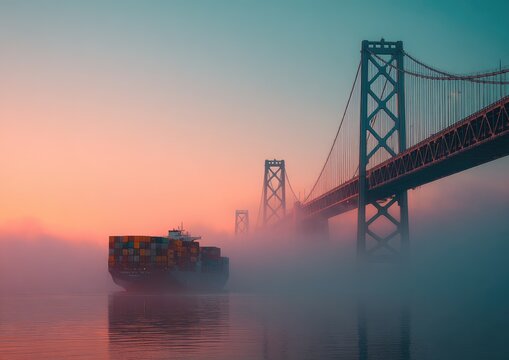 Cargo ship sails under a foggy suspension bridge at sunrise