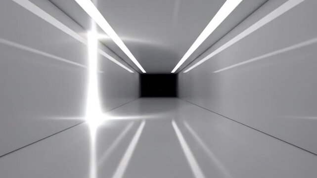 A futuristic gray corridor with white lines radiating from a light source on the left, leading to a dark opening in the distance.