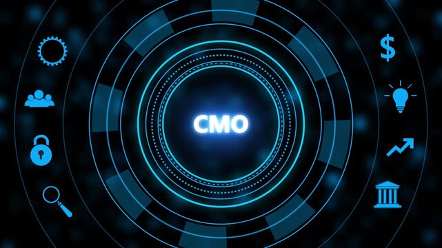 C m o chief marketing officer digital interface concept with glowing blue circular h u d and business representing corporate leadership