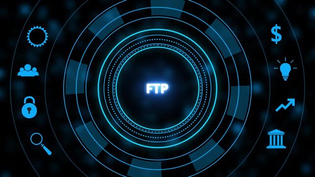 F t p file transfer protocol concept with glowing blue digital interface and circular data network representing secure cloud storage connection