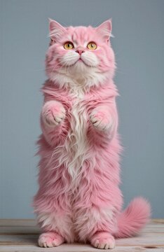 A fluffy pink cat stands tall against a grey backdrop.