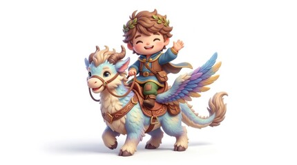 Naklejka premium Joyful Child Riding Mythical Creature with Wings and Smiling Expression