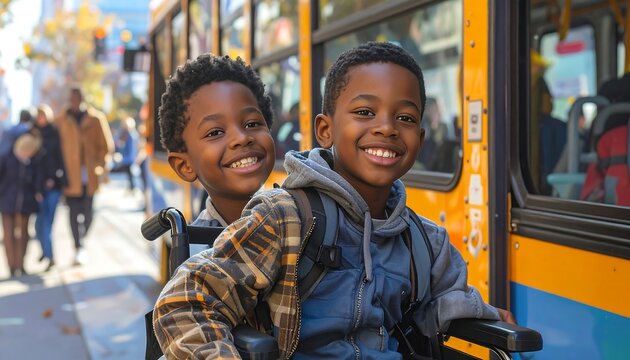Two smiling boys on mobility devices by a bus
