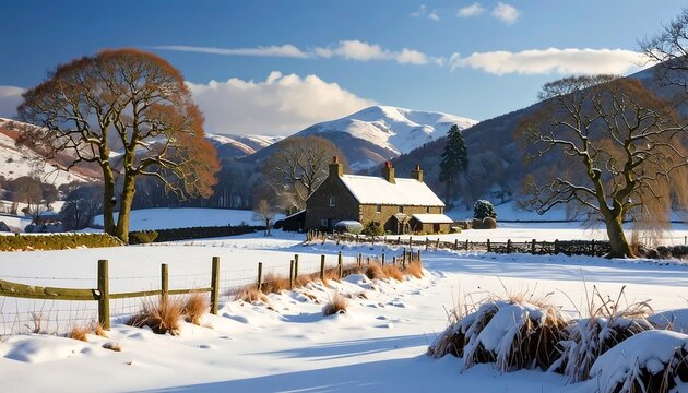 Picturesque winter landscape with snow-covered cottage and mountains in background