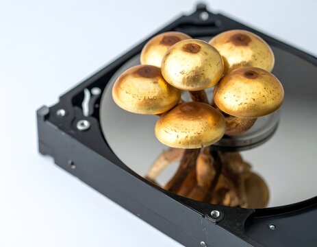 Macro photo of golden mushrooms growing out from open computer hard drive disk tech data storage