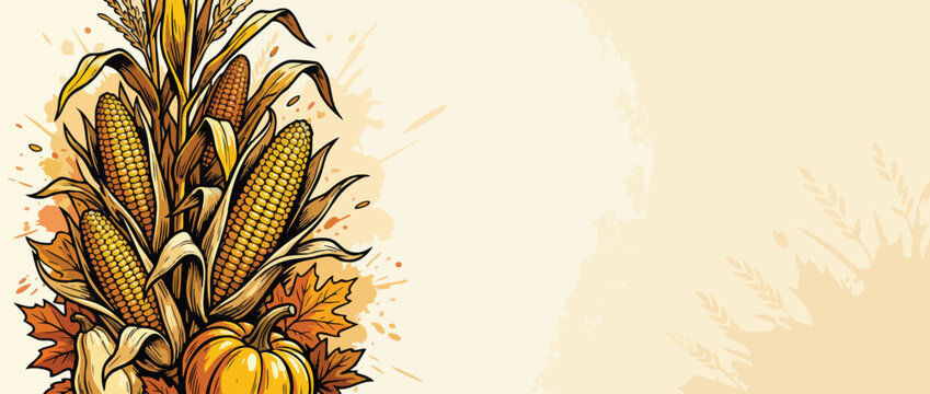 Thanksgiving Harvest Corn with Pumpkins and Leaves Autumn Theme Banner