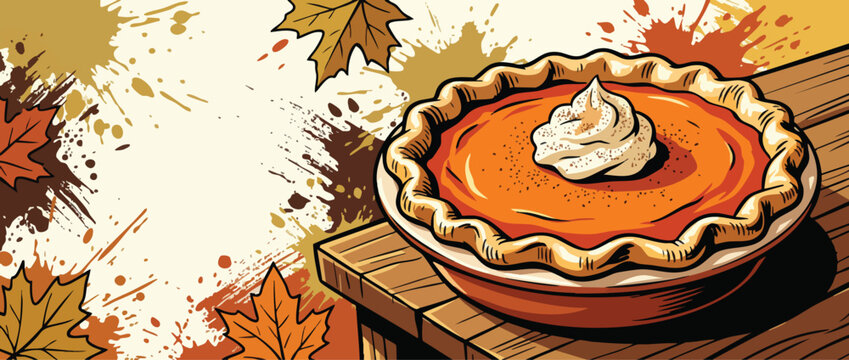 Thanksgiving Pumpkin Pie with Whipped Cream and Autumn Leaves on Wooden Table