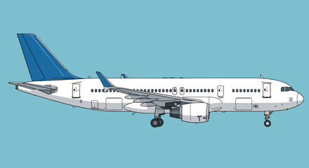 Obraz premium Side view illustration of a white commercial passenger jet airplane with blue tail and wingtips, against a solid light blue background.