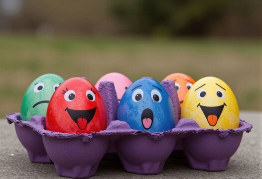 A vibrant display of colorful, expressive Easter eggs.