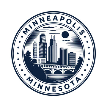 Vintage style circular emblem featuring the minneapolis skyline and bridge