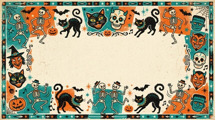 Naklejka premium Halloween themed border with cats and decorations.