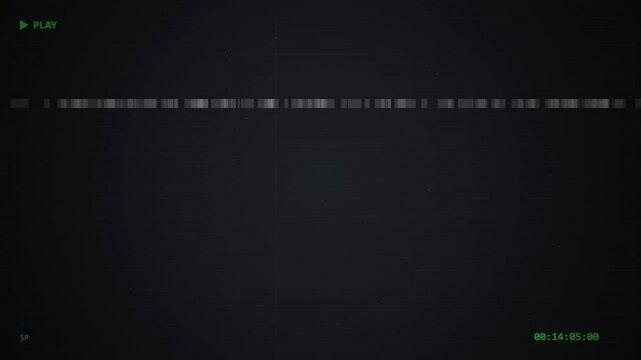 Vintage VHS tape glitch effect with static, screen scan lines, digital noise, and retro computer text overlay