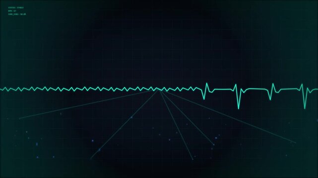 digital electrocardiogram line displaying heartbeat pulses and flatline on a dark futuristic display, medical data visualization
