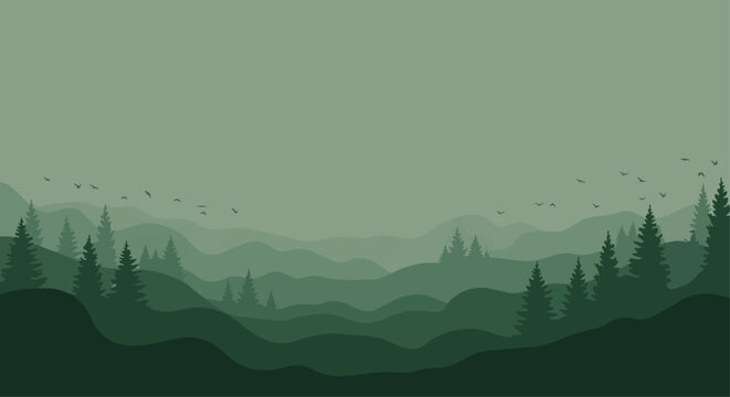 Abstract landscape illustration green hues layered hills trees silhouette