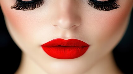 Fototapeta premium Elegant woman with classic red lips and false eyelashes beauty portrait