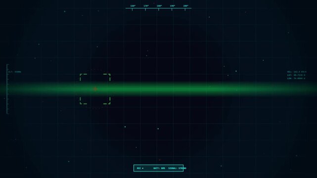 futuristic drone targeting interface overlay, digital radar screen with grid lines, data points, and scanning elements, high-tech surveillance display