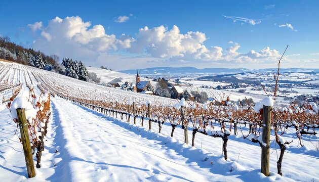 Picturesque winter vineyard landscape with snow-covered vines under a blue sky