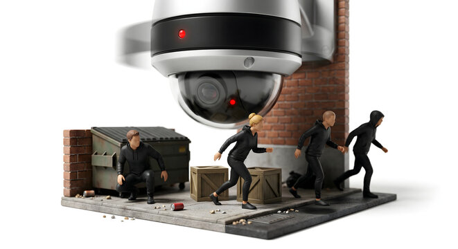  防犯カメラの死角（ネットワーク）を突いて移動するミニチュアの泥棒
