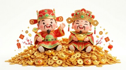 Fototapeta premium Lucky Gods with Gold Coins Bringing Prosperity and Joy for Celebrations