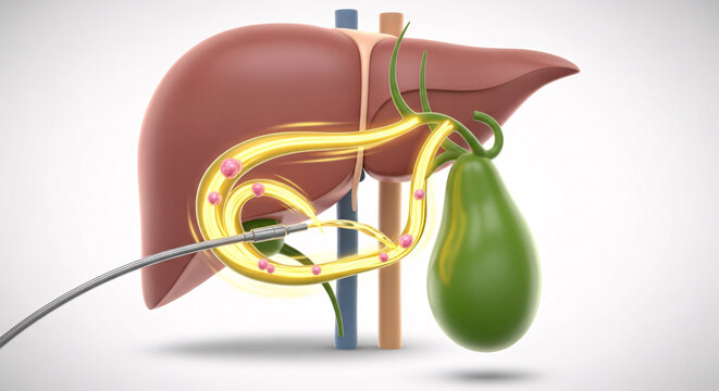 Human liver, gallbladder, and bile duct system showing gallstone removal procedure with medical instrument