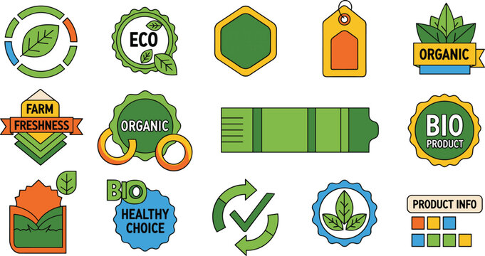 Organic Eco Labels Flat Icons Set with Bio Product Tags Recycling Leaves and Healthy Choice Badges