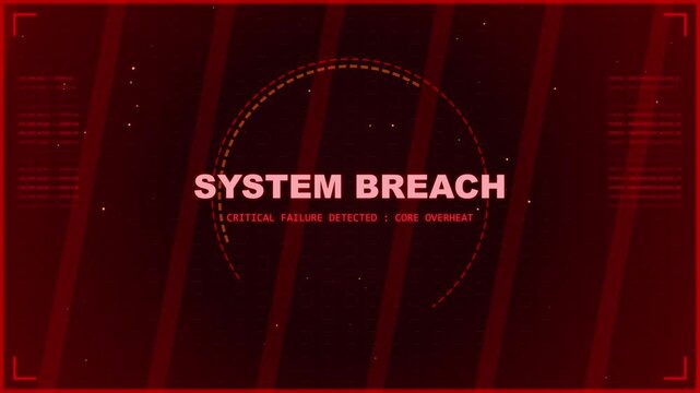 Digital warning screen displaying system breach alert with glitch effect, data corruption, digital noise and red warning lights, cybersecurity threat detected