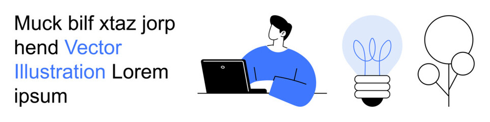 Education, innovation, creativity, technology, design thinking, productivity. Person using a laptop next to a light bulb and line art. Innovation and creativity concept © robu_s